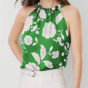 Ann Taylor Green Floral Halter Blouse silky sz L Petite